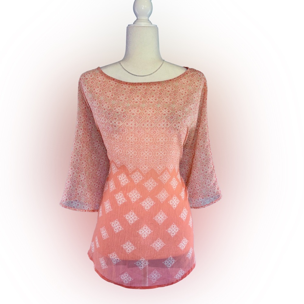 Ruby Rd. Plus Size 2X Coral Patterned Women's Flutter Sleeve Blouse